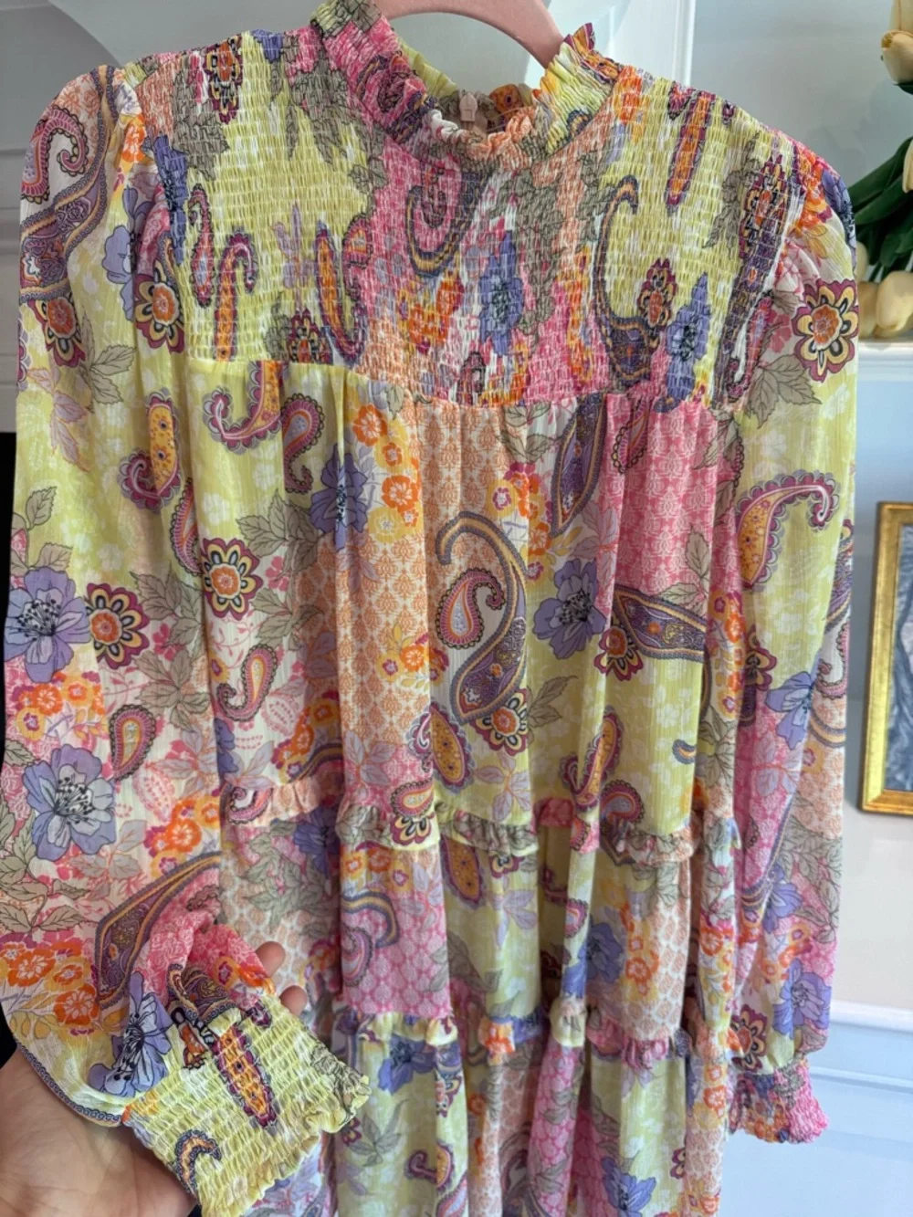 Floral Paisley Tiered Mini Dress in Pastel Multi - Picture 2 of 2
